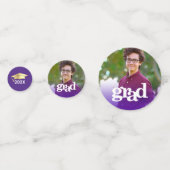 紫色の卒業式3枚の写真のモダンタイポグラフィ コンフェッティ (裏面)