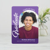 紫色の卒業式4フォトアーはっきりしたチスクリプトモダン 案内状 (スタンド正面)