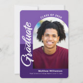 紫色の卒業式4フォトアーはっきりしたチスクリプトモダン 案内状 (正面)