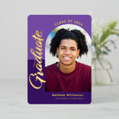 紫色の卒業式4フォトアーチパーティー実在金ゴールド 箔招待状 (立ち正面)