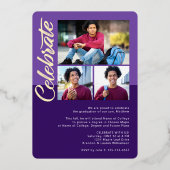 紫色の卒業式4フォトアーチパーティー実在金ゴールド 箔招待状 (裏面)