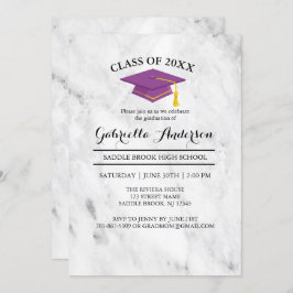 紫色の卒業生の帽子の卒業の白い大理石 招待状