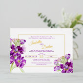 紫色の原水色結婚の金ゴールド枠 箔招待状 (立ち正面)