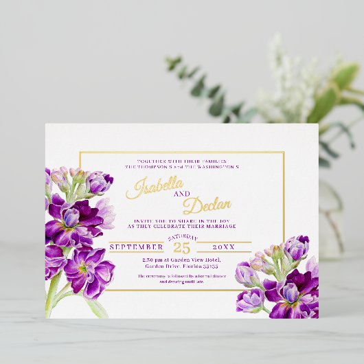 紫色の原水色結婚の金ゴールド枠 箔招待状 (立ち正面)