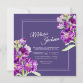 紫色の原花の水色と写真結婚の 招待状 (正面)