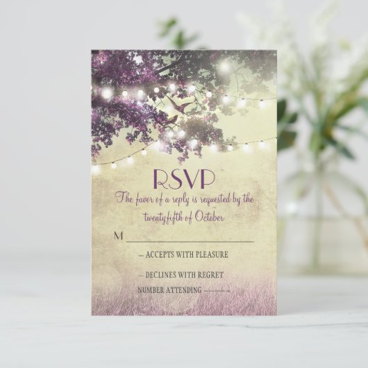 紫色の古いオークの木のライト結婚式のRSVPカード 出欠カード (スタンド正面)