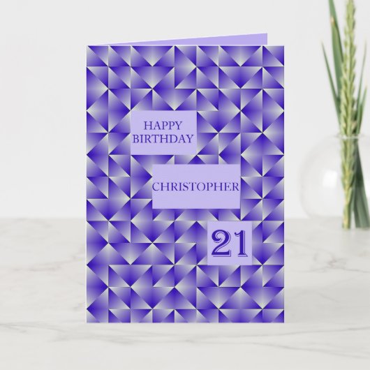 紫色の図形で21番目の誕生日の名前を追加する カード (正面)