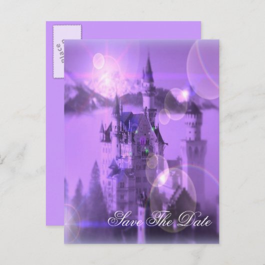 紫色の城ゴシック様式の結婚式は日付以外 案内ポストカード (正面/裏面)