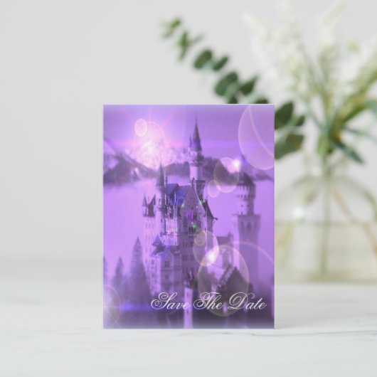 紫色の城ゴシック様式の結婚式は日付以外 案内ポストカード (スタンド正面)