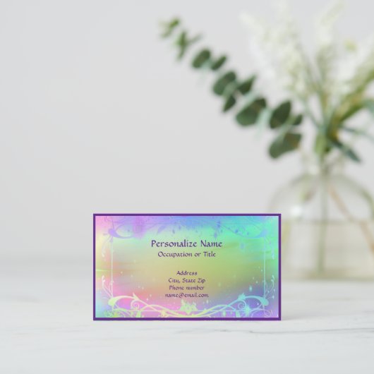 紫色の境界線を持つ奇妙なパステルカラーデザイン 名刺 (スタンド正面)