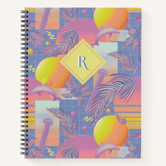 紫色の夏の蒸気波の夕日とヤシの木 ノートブック (正面)