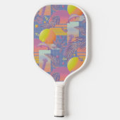 紫色の夏の蒸気波の夕日とヤシの木 ピックルボールラケット (裏面)