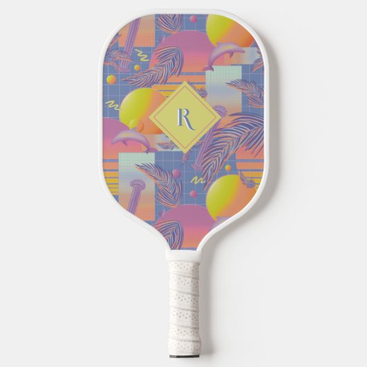 紫色の夏の蒸気波の夕日とヤシの木 ピックルボールラケット (正面)