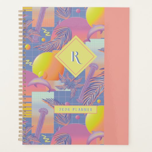 紫色の夏の蒸気波の夕日とヤシの木 プランナー手帳 (正面)