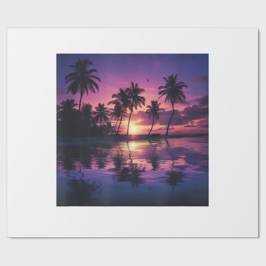 紫色の夕日のビーチのヤシの木 ラッピングペーパー (フラット)