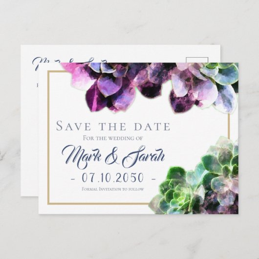 紫色の多肉結婚式の日付を保存 案内ポストカード (正面/裏面)