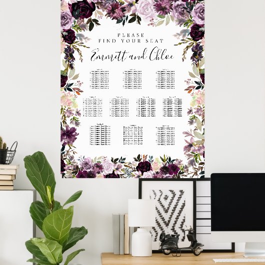 紫色の大きなピンクのフローラ10テーブルの座席表 ポスター (ホームオフィス)