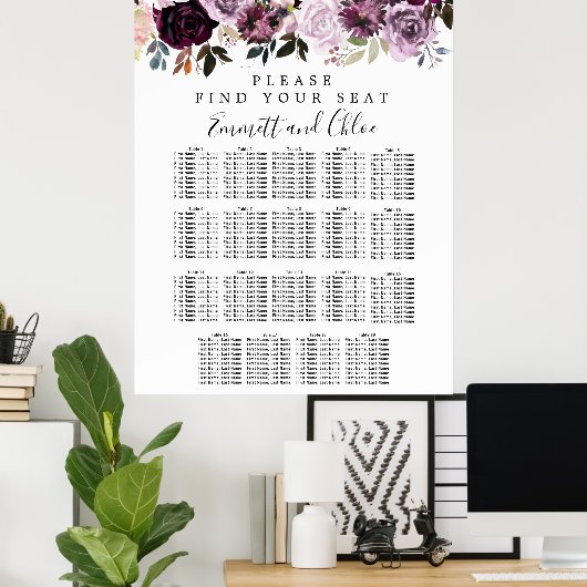 紫色の大きなピンクのフローラ19テーブルの座席表 ポスター (ホームオフィス)
