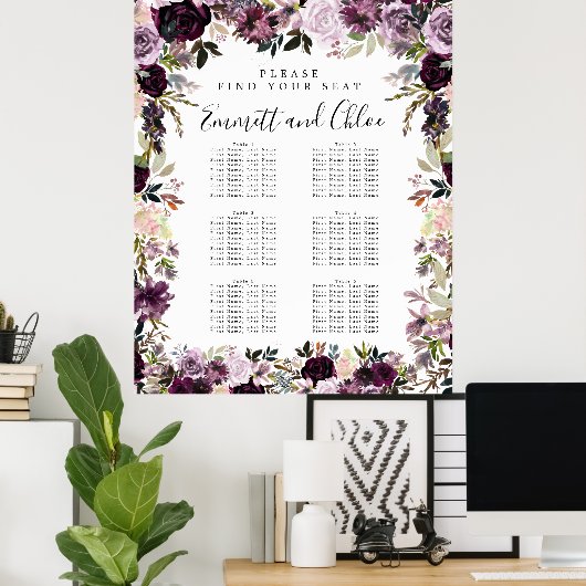 紫色の大きなピンクのフローラ6テーブルの座席表 ポスター (ホームオフィス)