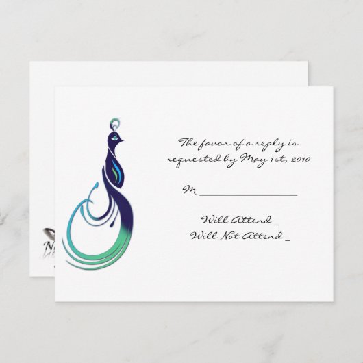 紫色の大切な孔雀、ティール（緑がかった色）および緑 出欠カード (正面/裏面)