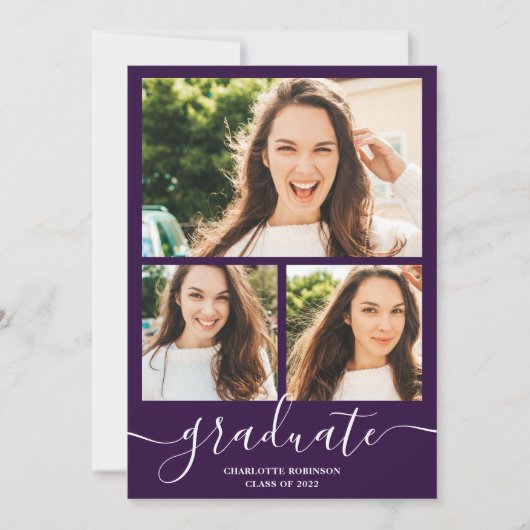 紫色の大学院スクリプト3枚の写真の卒業 招待状 (正面)