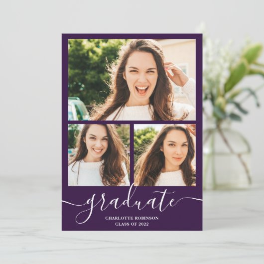 紫色の大学院スクリプト3枚の写真の卒業 招待状 (スタンド正面)
