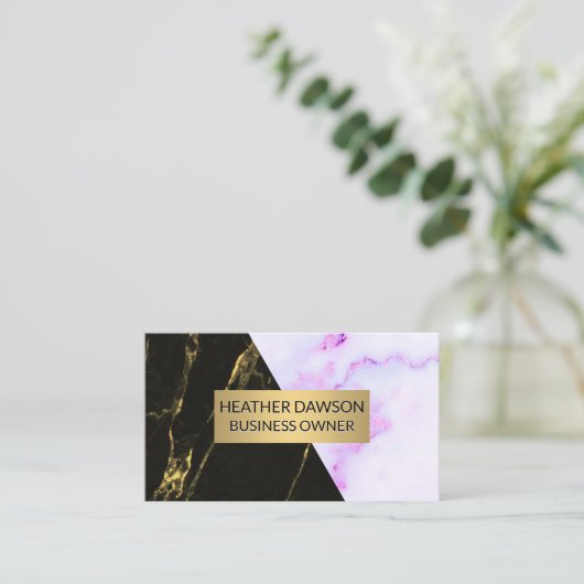 紫色の大理石テクスチャ |黒金ゴールド大理石 名刺 (スタンド正面)
