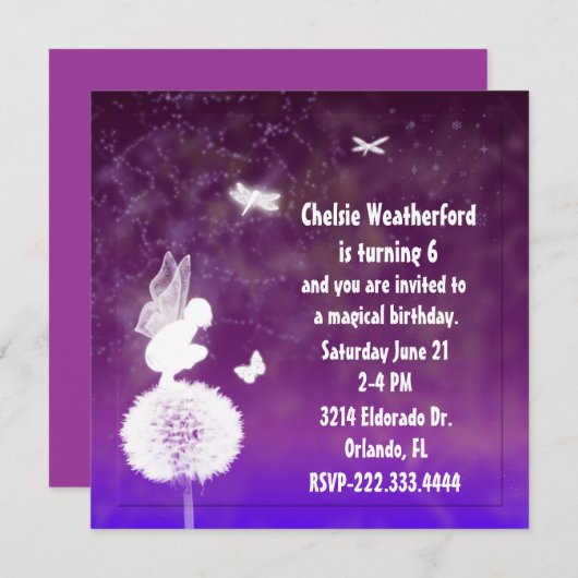 紫色の女の子の妖精の誕生日のパーティの招待状 招待状 (正面/裏面)