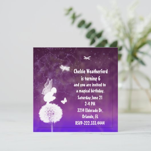 紫色の女の子の妖精の誕生日のパーティの招待状 招待状 (スタンド正面)