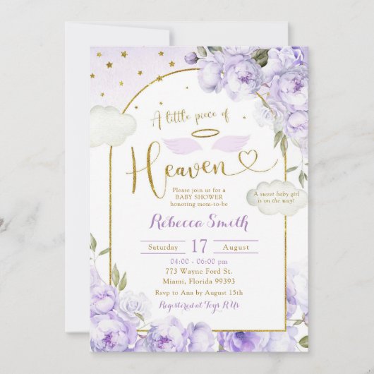 紫色の女の子の小さな部分の天国赤ちゃんシャワー 招待状 (正面)