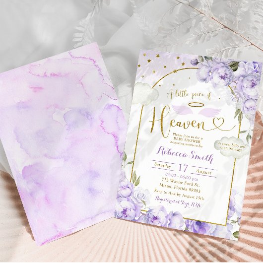紫色の女の子の小さな部分の天国赤ちゃんシャワー 招待状