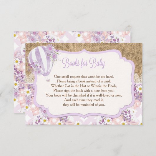 紫色の女の子の熱気の気球はベビーの挿入物のために予約します エンクロージャーカード (正面/裏面)