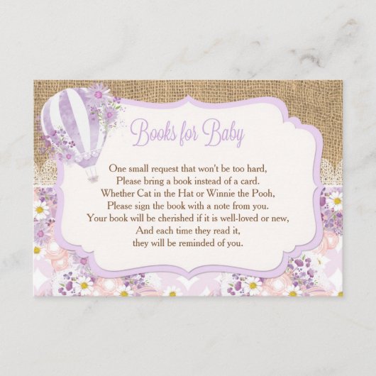 紫色の女の子の熱気の気球はベビーの挿入物のために予約します エンクロージャーカード (正面)