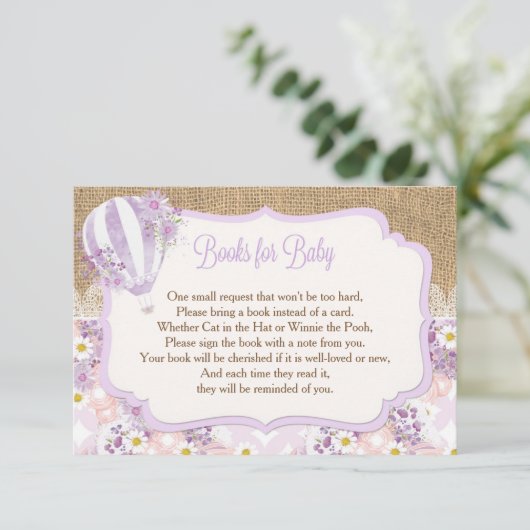 紫色の女の子の熱気の気球はベビーの挿入物のために予約します エンクロージャーカード (スタンド正面)