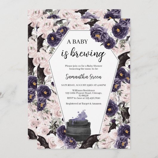 紫色の女の子ゴシックハロウィーンベビーシャワー 招待状 (正面/裏面)