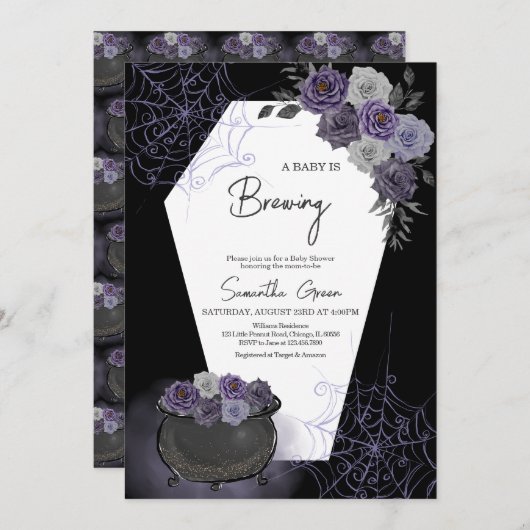 紫色の女の子ゴシックハロウィーンベビーシャワー 招待状 (正面/裏面)
