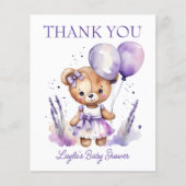 紫色の女の子テディベア赤ちゃんシャワーサンキューカード (正面)