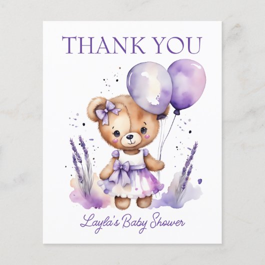 紫色の女の子テディベア赤ちゃんシャワーサンキューカード (正面)
