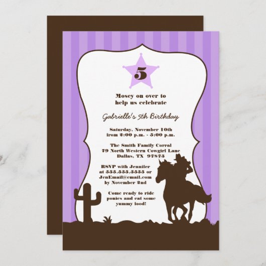 紫色の女性のカーボーイの女の子の誕生日のパーティの招待状 招待状 (正面/裏面)