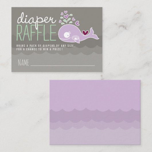 紫色の妊娠モーミホエールおむつラッフルチケット エンクロージャーカード (正面/裏面)