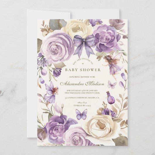 紫色の妖精の森の女の子の赤ちゃんシャワー 招待状 (正面)