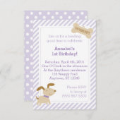 紫色の子犬の招待状とドストライプット 招待状 (正面/裏面)