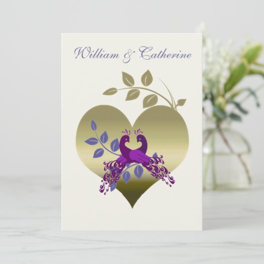 紫色の孔雀愛鳥の結婚式招待状 招待状 (スタンド正面)