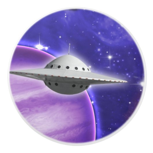 紫色の宇宙のピンクの惑星の星の銀河の中のUFO セラミックノブ (正面)