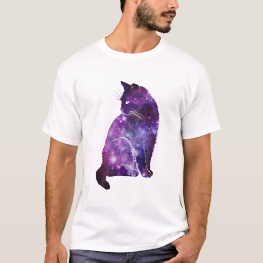 紫色の宇宙の星雲猫 Tシャツ (正面)