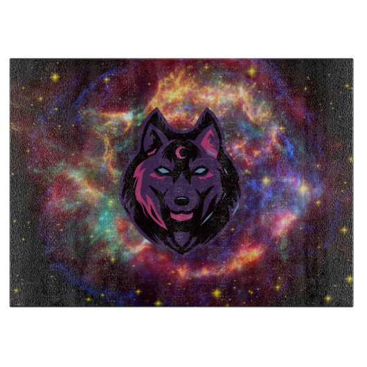 紫色の宇宙を背景にした狼のグラフィックアート カッティングボード (正面)