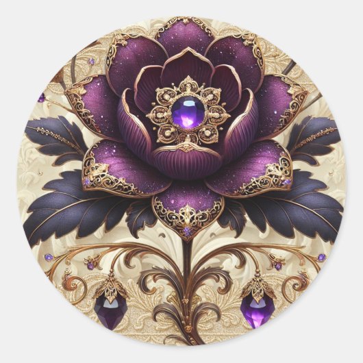 紫色の宝石で飾られたフローララウンドステッカー ラウンドシール (正面)