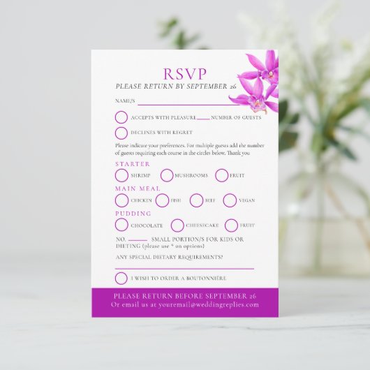 紫色の宝石オーキッド水彩結婚式RSVPカード 出欠カード (スタンド正面)