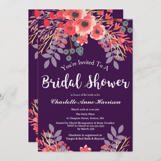 紫色の宝石トーンウォーターカラーフラワーズブライダルシャワー 招待状 (正面/裏面)