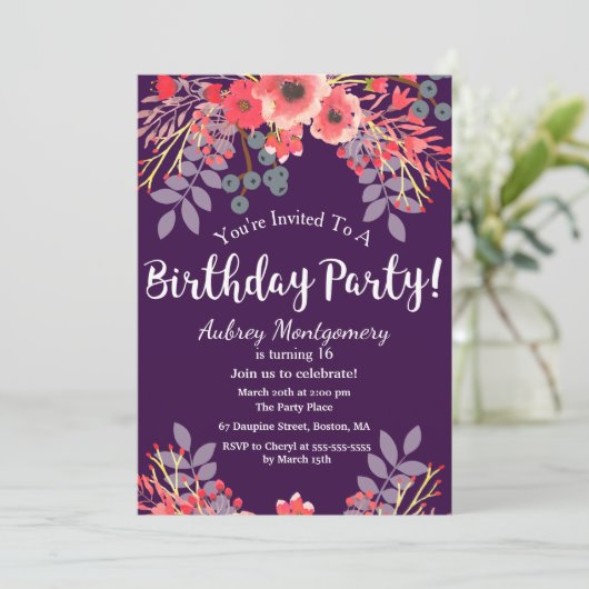 紫色の宝石トーンウォーターカラーフラワーズ誕生日 招待状 (スタンド正面)